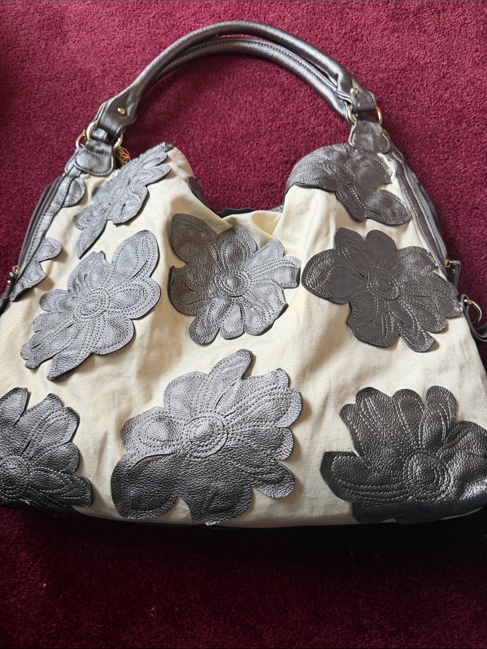 Cream Canvas Hobo Bag with Brown Floral Appliqués